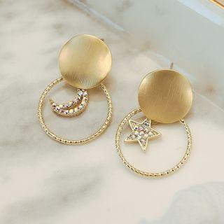 Non-matching Rhinestone Moon & Star Hoop Dangle Earring 1 Pair - 925 Silver Needle - Gold - One Size