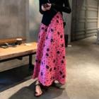 Floral Print Maxi A-line Skirt Floral - Black & Pink - One Size