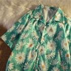 Elbow-sleeve Floral Print Shirt Green - One Size