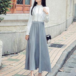 Embroidered Pintuck Long-sleeve Dress