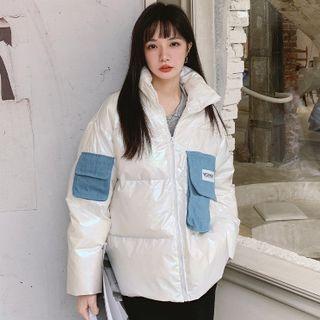 Denim Panel Wet-look Padded Jacket