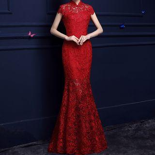 Mandarin Collar Lace Mermaid Evening Gown