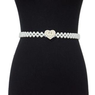 Faux Pearl Heart Slim Belt White - One Size