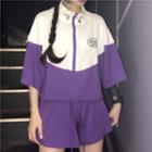 Set: Color Block Half Zip 3/4-sleeve T-shirt + Shorts Set - Purple - One Size