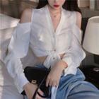Long Sleeve Cold Shoulder Tie-hem Cropped Shirt
