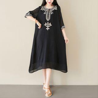 Embroidered 3/4-sleeve Midi A-line Chiffon Dress