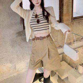 Striped Knit Tank Top / Light Cardigan / High-waist Dress Shorts With Belt