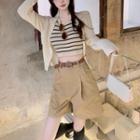 Striped Knit Tank Top / Light Cardigan / High-waist Dress Shorts With Belt