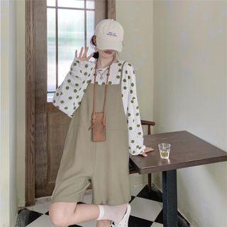 Long-sleeve Dotted Top / Wide Leg Suspender Shorts