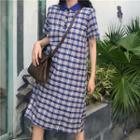 Short-sleeve Plaid Midi Polo Dress As Shown In Figure - One Size
