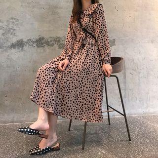 Leopard Print Tie-waist Long Sleeve Dress As Shown In Figure - One Size