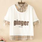 Mock Two-piece Short-sleeve Lettering Plaid T-shirt