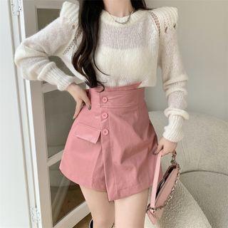 Padded-shoulder Light Knit Top / Asymmetrical Faux-leather Shorts