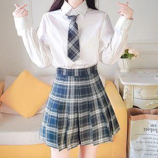 Neck Tie Shirt / Plaid Skirt / Set