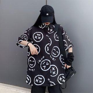 Short-sleeve Smile Face Print Button-up Shirt Black - One Size