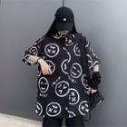 Short-sleeve Smile Face Print Button-up Shirt Black - One Size