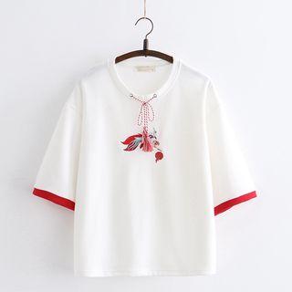 Embroidered String-accent Elbow-sleeve T-shirt