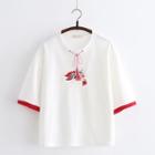 Embroidered String-accent Elbow-sleeve T-shirt