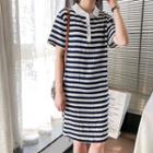 Elbow-sleeve Polo-neck Striped T-shirt Dress