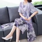 Set: Flower Print Elbow-sleeve Midi A-line Dress + Long Jacket