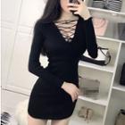 Long-sleeve Lace-up Mini Bodycon Dress