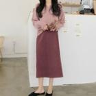 V-neck Sweater / High-waist Slit A-line Midi Skirt