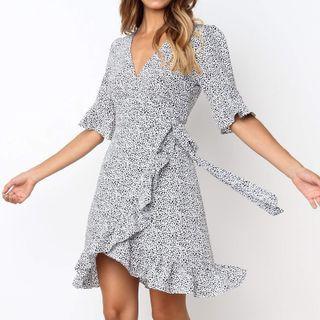 Short-sleeve Dotted Ruffle A-line Dress