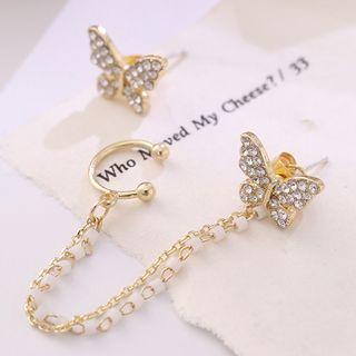 Asymmetrical Rhinestone Butterfly Chain Ear Stud