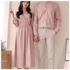 Couple Matching V-neck Shirt / V-neck Long-sleeve A-line Dress