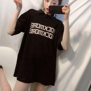 Elbow-sleeve Lettering Long Polo Shirt