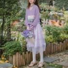 Long-sleeve Floral Print Cutout Top / Midi A-line Skirt