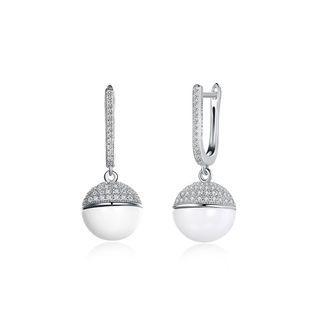 Sterling Silver Elegant Fashion Geometric Spherical White Ceramic Earrings With Cubic Zircon Silver - One Size