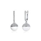 Sterling Silver Elegant Fashion Geometric Spherical White Ceramic Earrings With Cubic Zircon Silver - One Size
