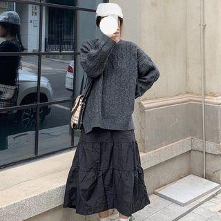 Long-sleeve Cable Knit Sweater / High-waist Ruffled Skirt