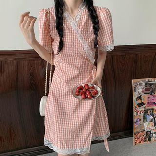Short-sleeve Plaid Lace Trim Mini A-line Dress