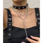 Set Of 3: Studded Faux Leather Choker + Chain Necklace 2646 - Silver - One Size