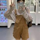 Long-sleeve V-neck Cold-shoulder Top / Denim Dungaree Shorts