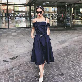Open Shoulder Denim A-line Midi Dress