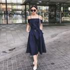 Open Shoulder Denim A-line Midi Dress