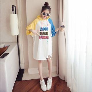 Distressed Elbow-sleeve Lettering Hooded T-shirt Dress