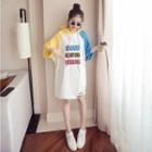 Distressed Elbow-sleeve Lettering Hooded T-shirt Dress