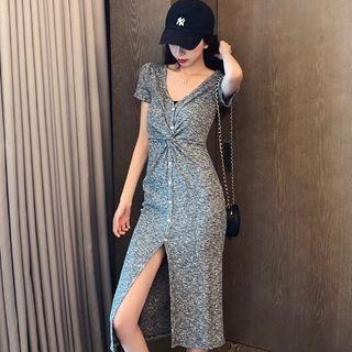 Short-sleeve Twist-front Knit Midi Sheath Dress
