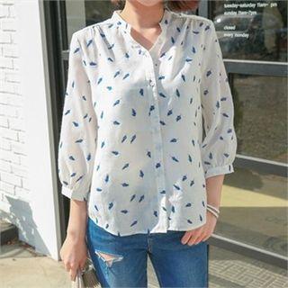 Mandarin-collar 3/4-sleeve Patterned Blouse