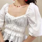 Embroidered Puff-sleeve Lace-up Blouse