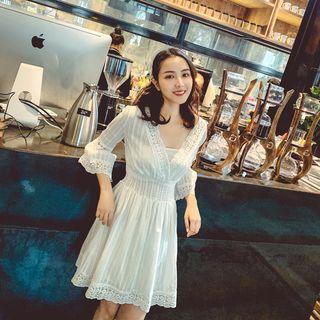 Set: Bell-sleeve Lace Mini A-line Dress + Tube Top White - One Size