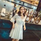 Set: Bell-sleeve Lace Mini A-line Dress + Tube Top White - One Size
