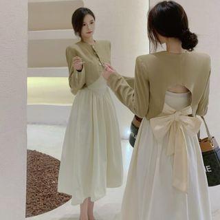 Ribbon Cropped Blazer / Spaghetti-strap Midi A-line Dress