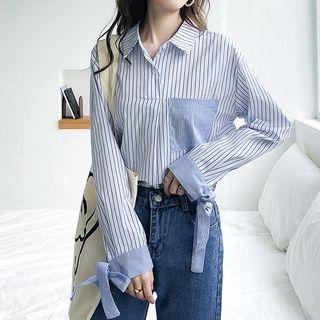 Tie-cuff Color Block Pinstriped Shirt