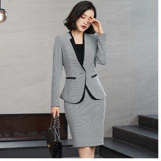 Set: One-button Houndstooth Blazer + Pencil Skirt