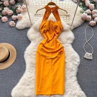 Halter Off-shoulder Plain Cutout Ruched Dress